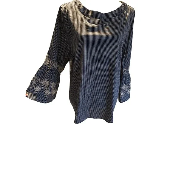 Nanette lepore Black White Gingham Bell Sleeve Blouse Embroidered sz XL Casual - Picture 7 of 7